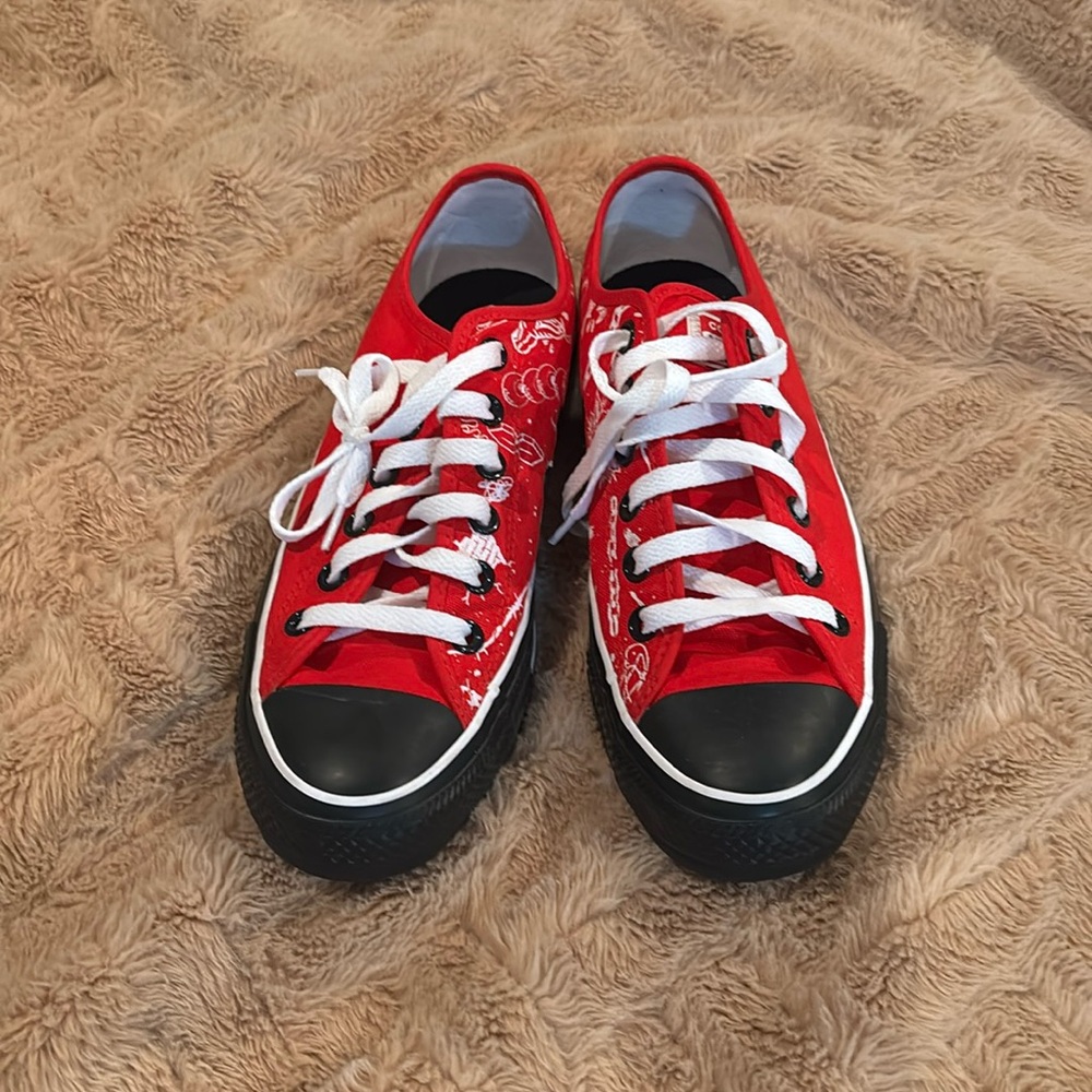 Red and black custom made converse only worn once to a concert about 3 years ago